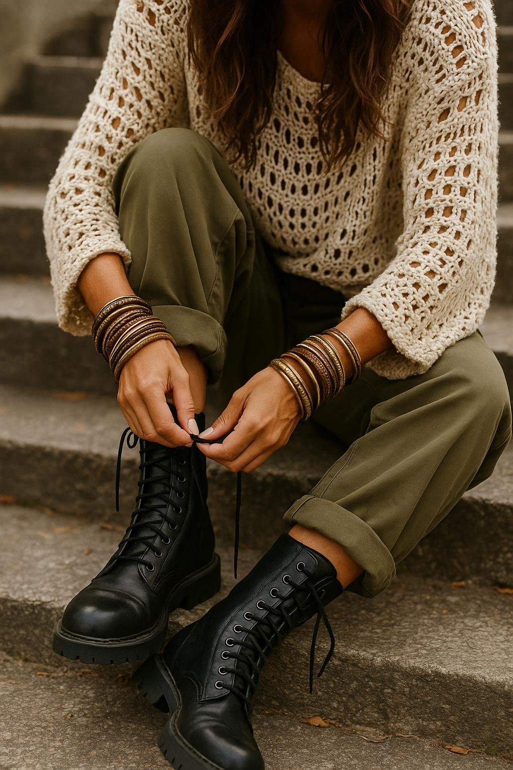 Boho rebel woman in ripped skirt and worn combat boots walking confidently on a city sidewalk