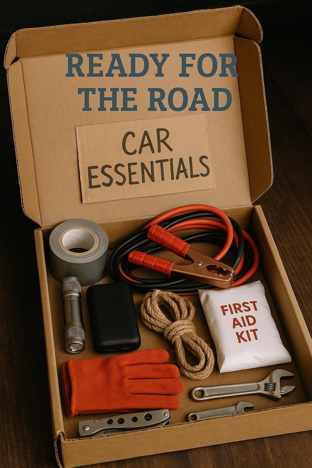 Compact car emergency kit with flashlight, phone cable, bandages, and snacks arranged in an open toolbox on a car seat.