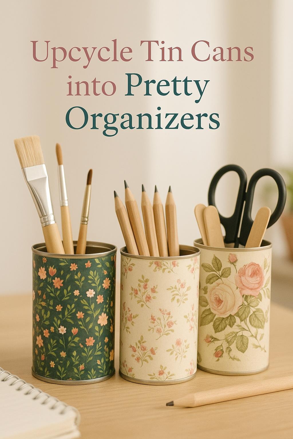 DIY upcycled tin cans wrapped in patterned paper and sealed with Mod Podge, used as cute desk organizers
