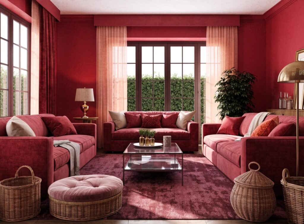 Cherry red living room with rich red seating, warm neutrals and layered natural textures