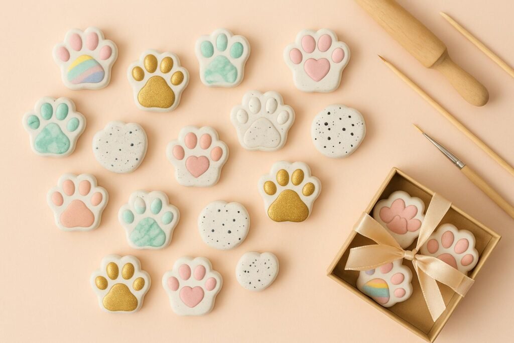 A heart-shaped arrangement of colorful handmade cat paw magnets on a pastel background, with craft tools and a small gift box nearby.