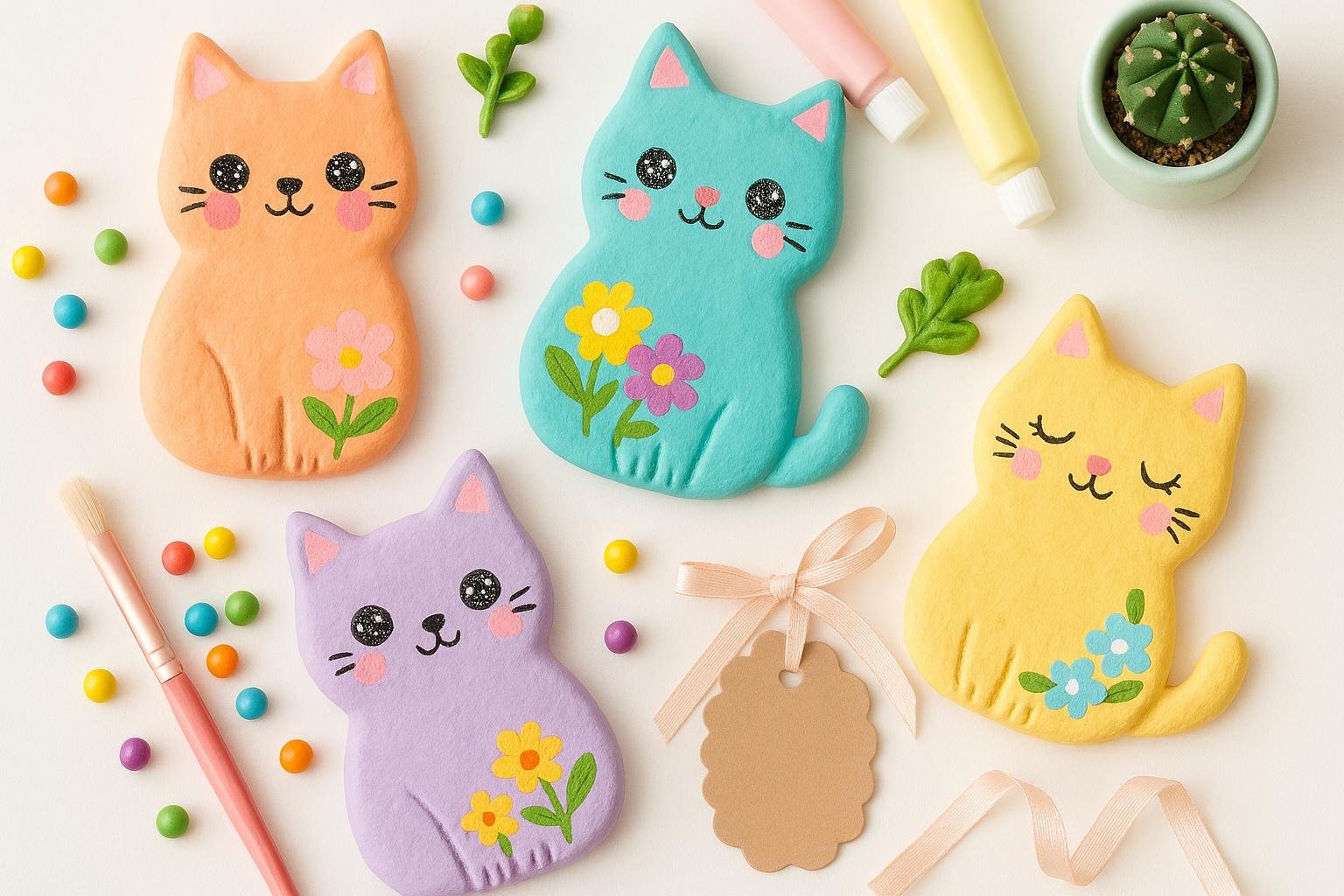 Air-dry clay cat figures on a spring-themed crafting table with tools and pastel paints