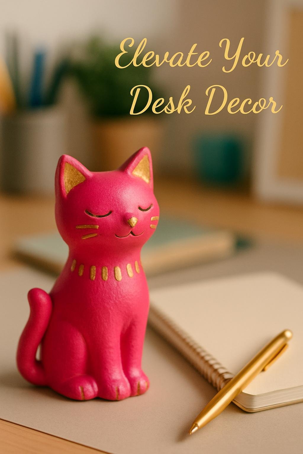 Sleek bright pink polymer clay cat decor with gold accents.
