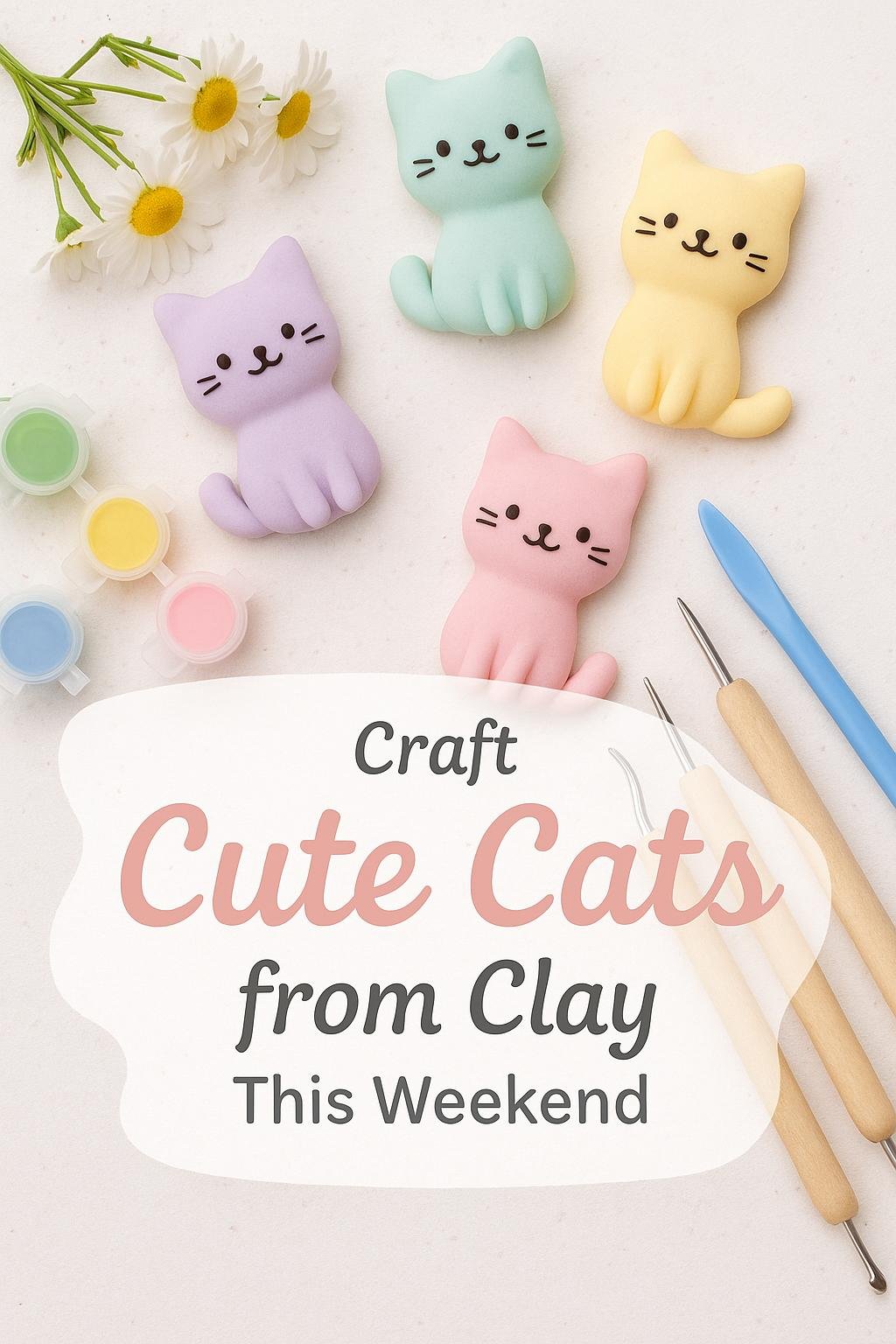 Flat-lay of handcrafted pastel clay cat figurines on a light background with spring-themed crafting materials