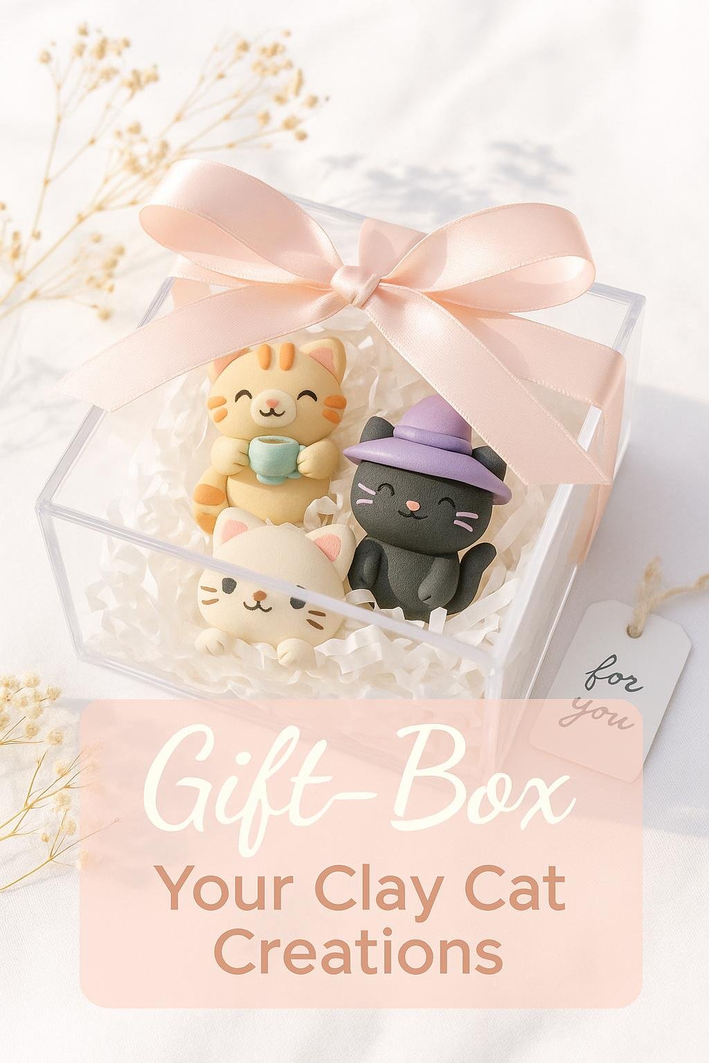 Display shelf with pastel air-dry clay cat crafts in playful poses, styled with succulents and soft decor
