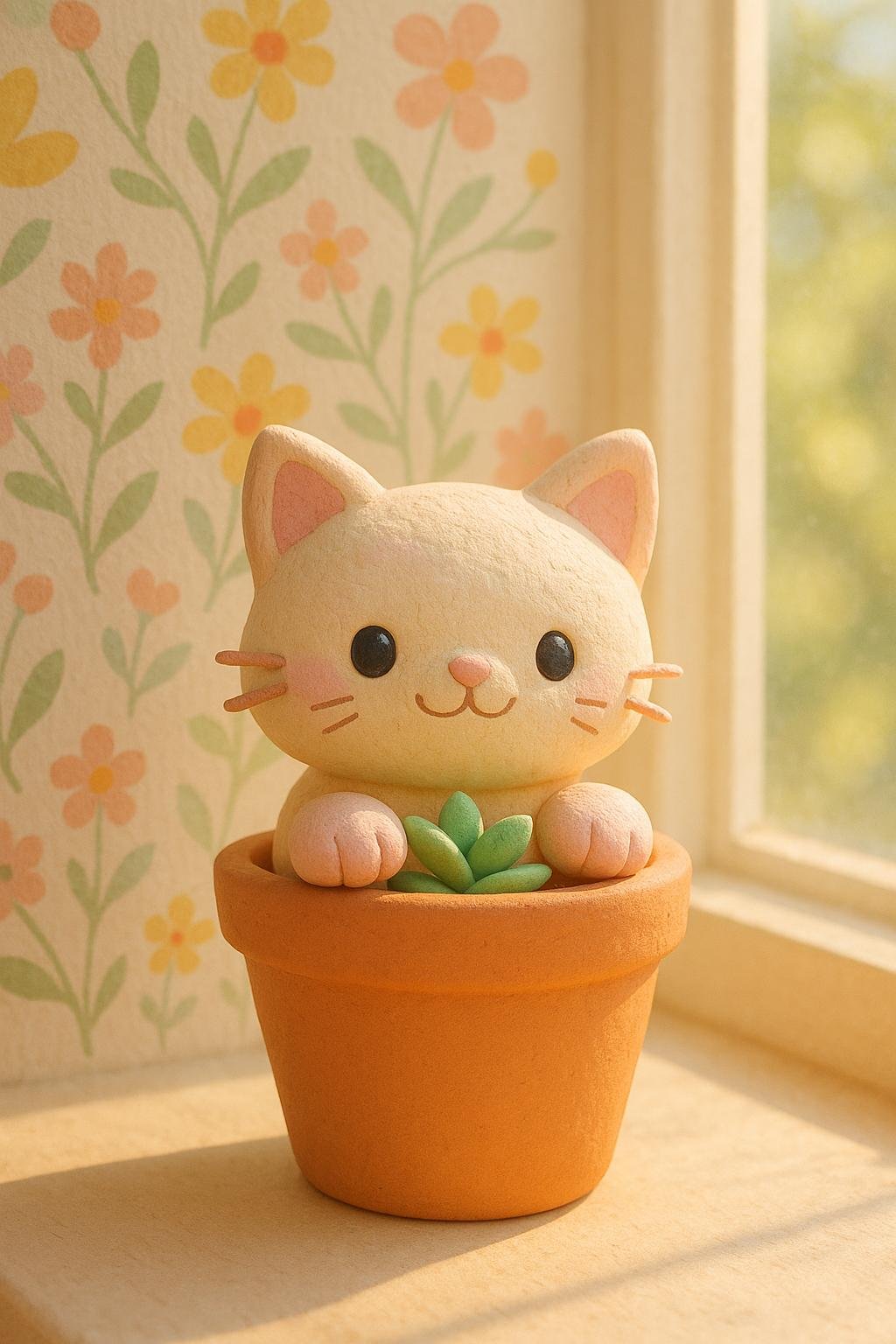 Air-dry clay cat floating with a pastel balloon above a clay cloud in a whimsical spring scene
