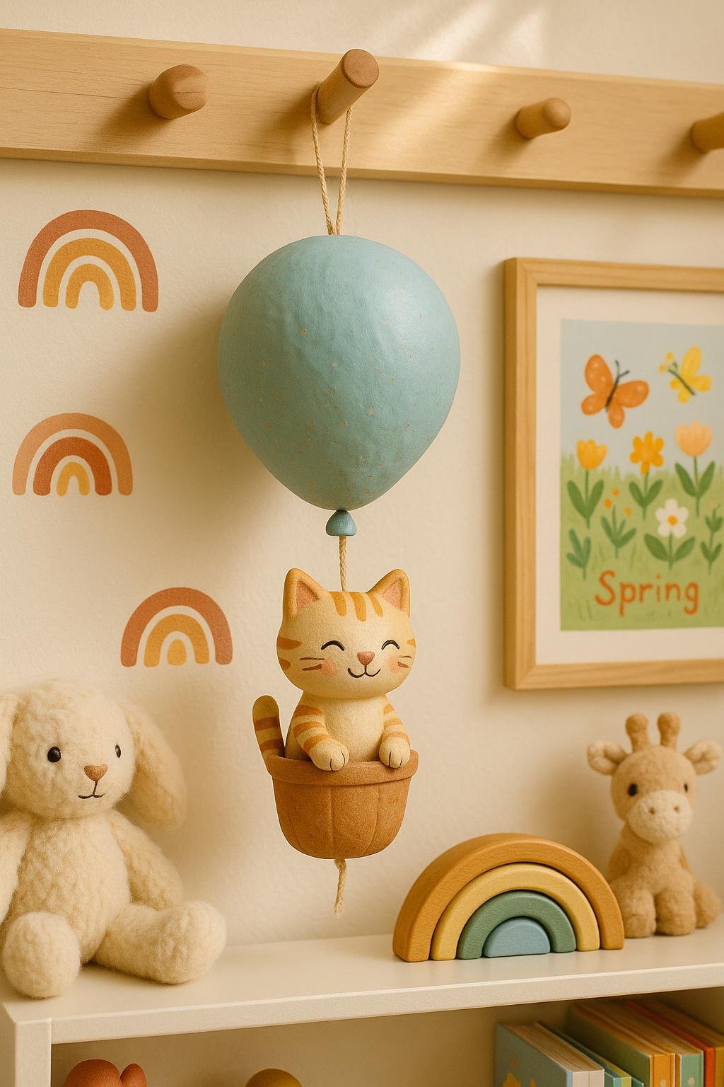 Air-dry clay cat floating with a pastel balloon above a clay cloud in a whimsical spring scene