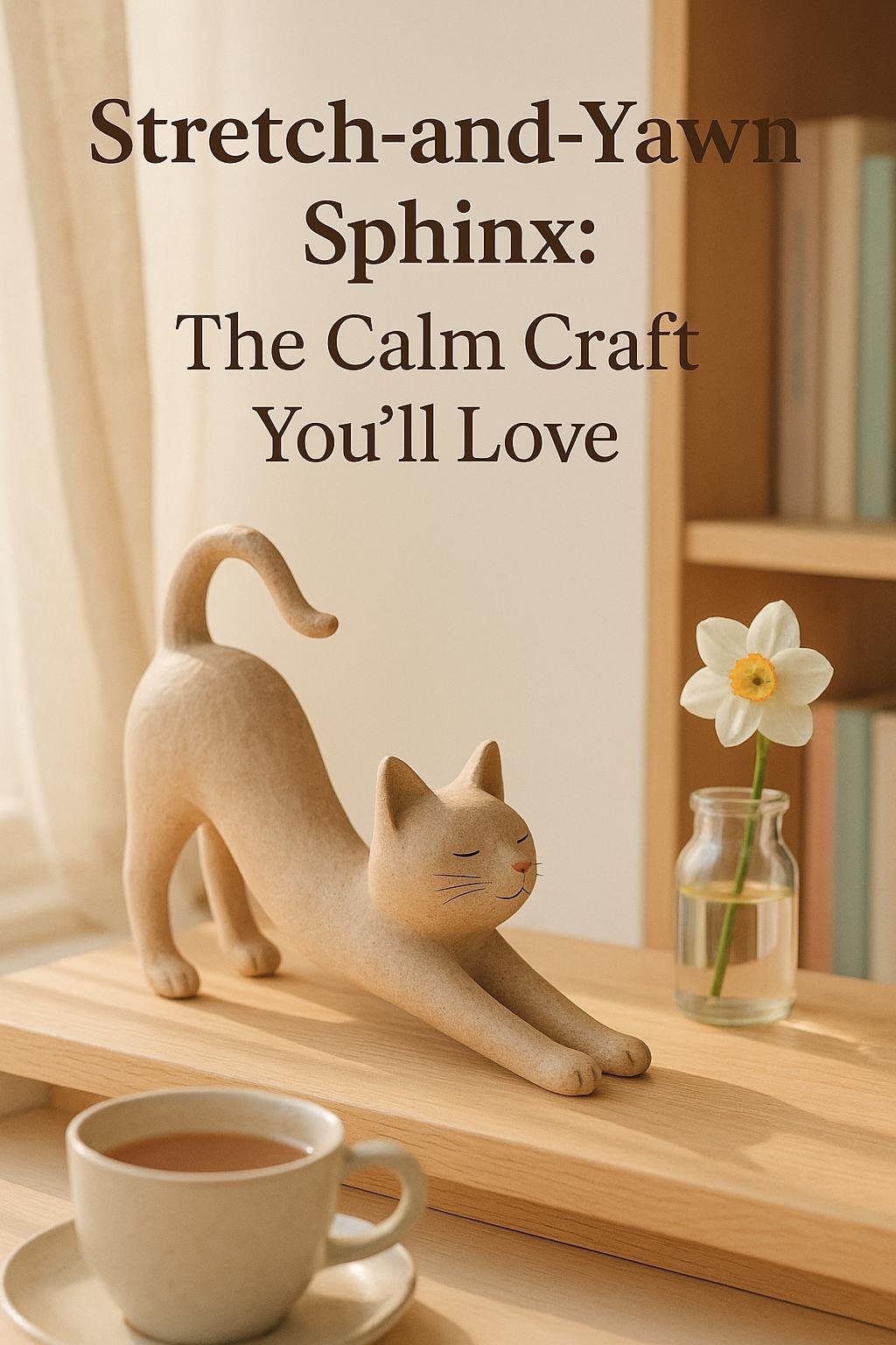 Air-dry clay cat in a long stretching pose with an arched back, placed on a wooden shelf with sunlight casting playful shadows