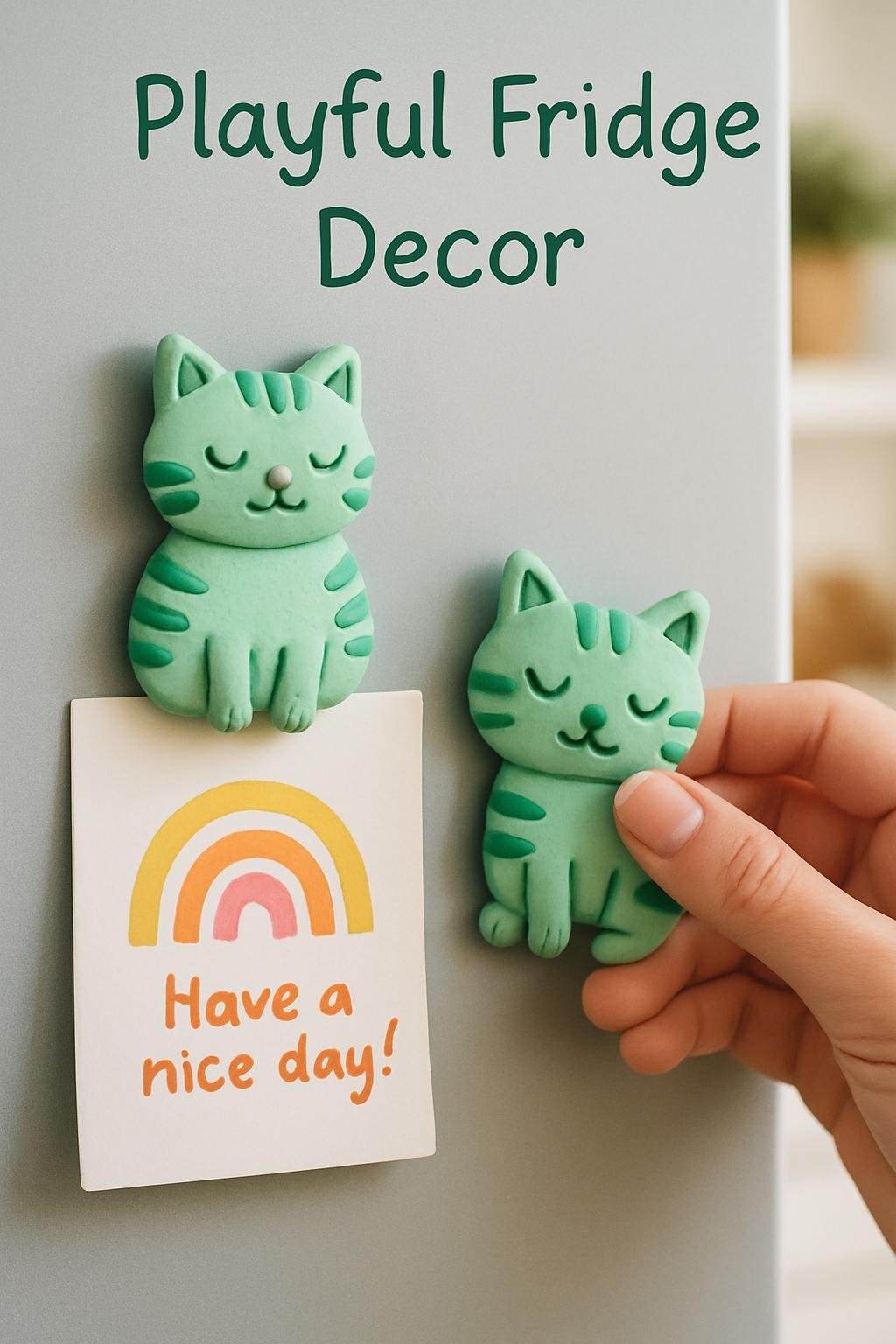 Mint green striped cat magnet made of polymer clay.