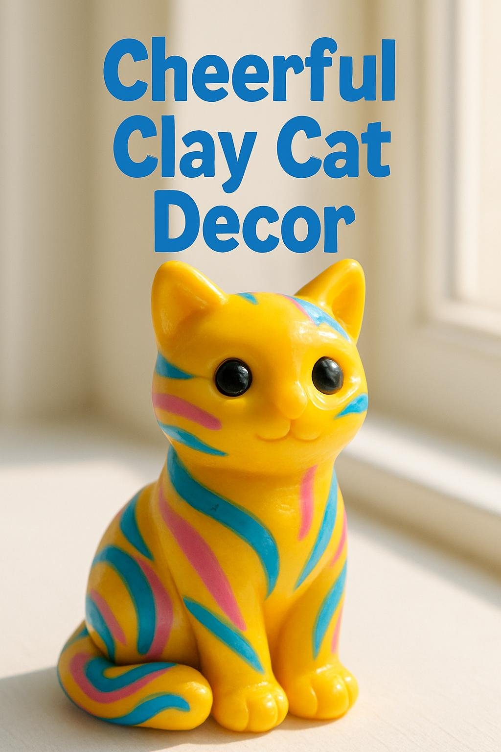 Sunny yellow polymer clay cat figurine with colorful swirl decorations.