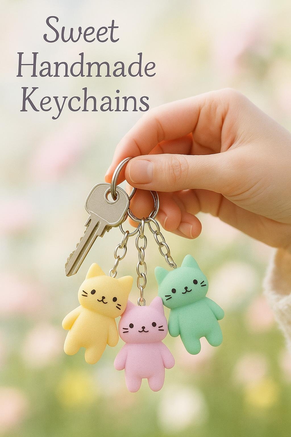 Pastel rainbow polymer clay cat keychains.