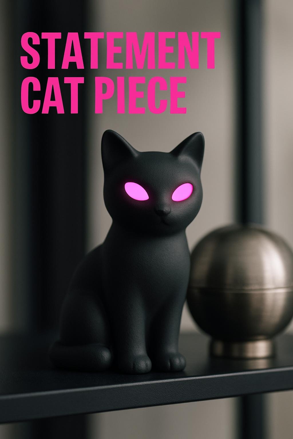Modern matte black polymer clay cat with neon eyes.