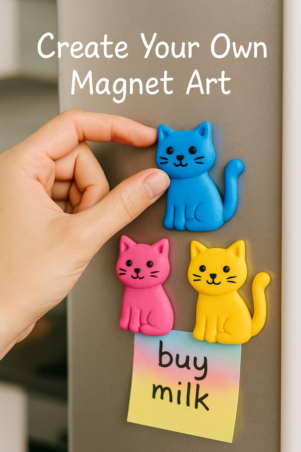 Trio of colorful polymer clay cat magnets in teal, coral, and mustard yellow on a magnetic board.