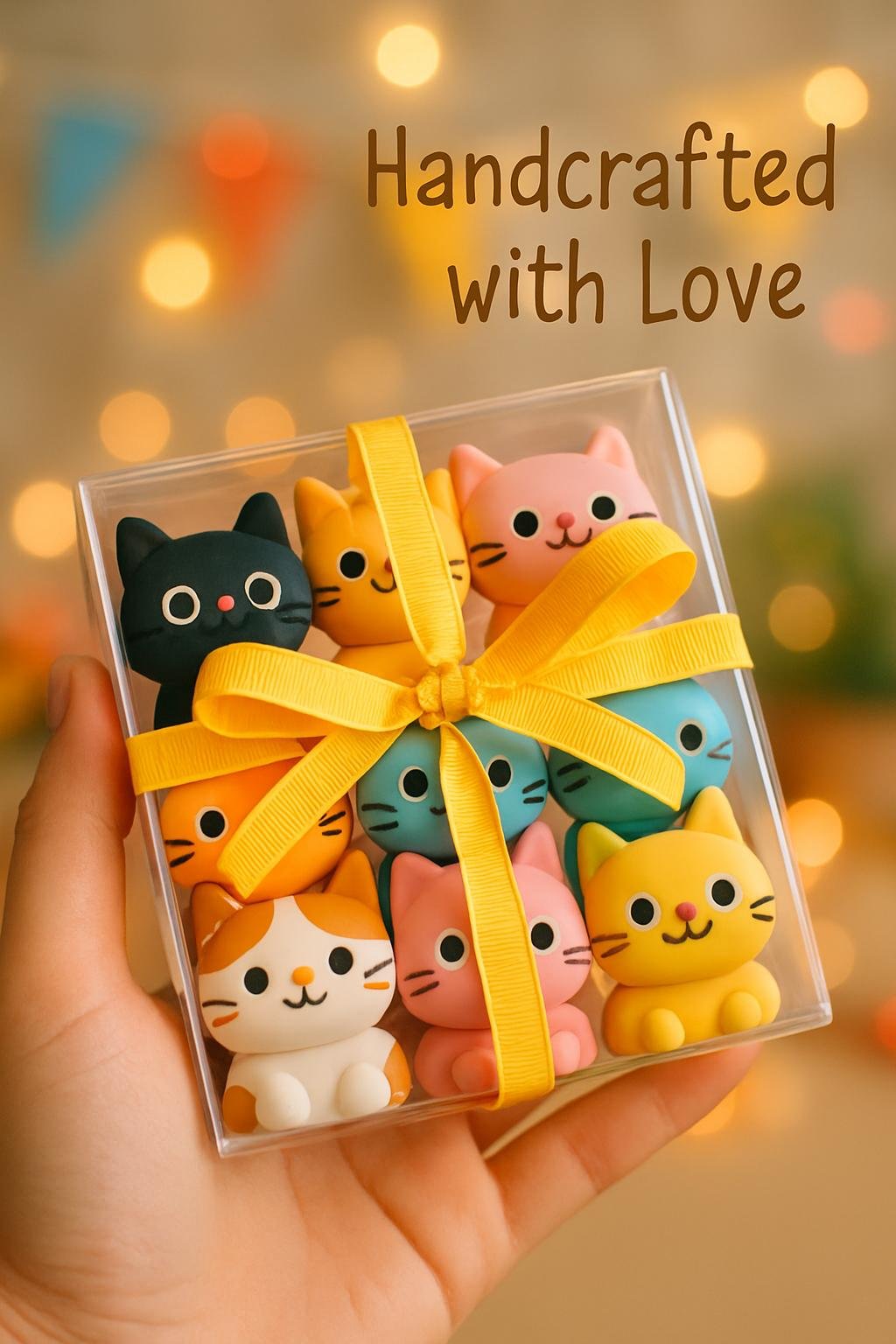 Handmade polymer clay cat gift set in a clear box with a ribbon