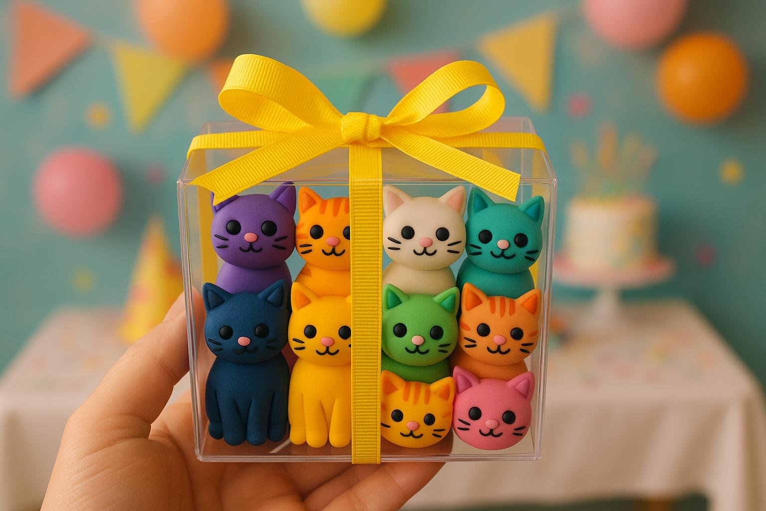 Handmade polymer clay cat gift set in a clear box with a ribbon.
