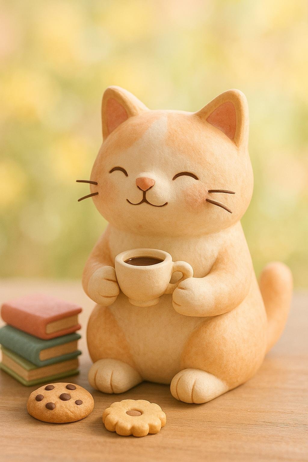 Clay cat figure holding a tiny teacup, made with air-dry clay and painted in soft spring tones