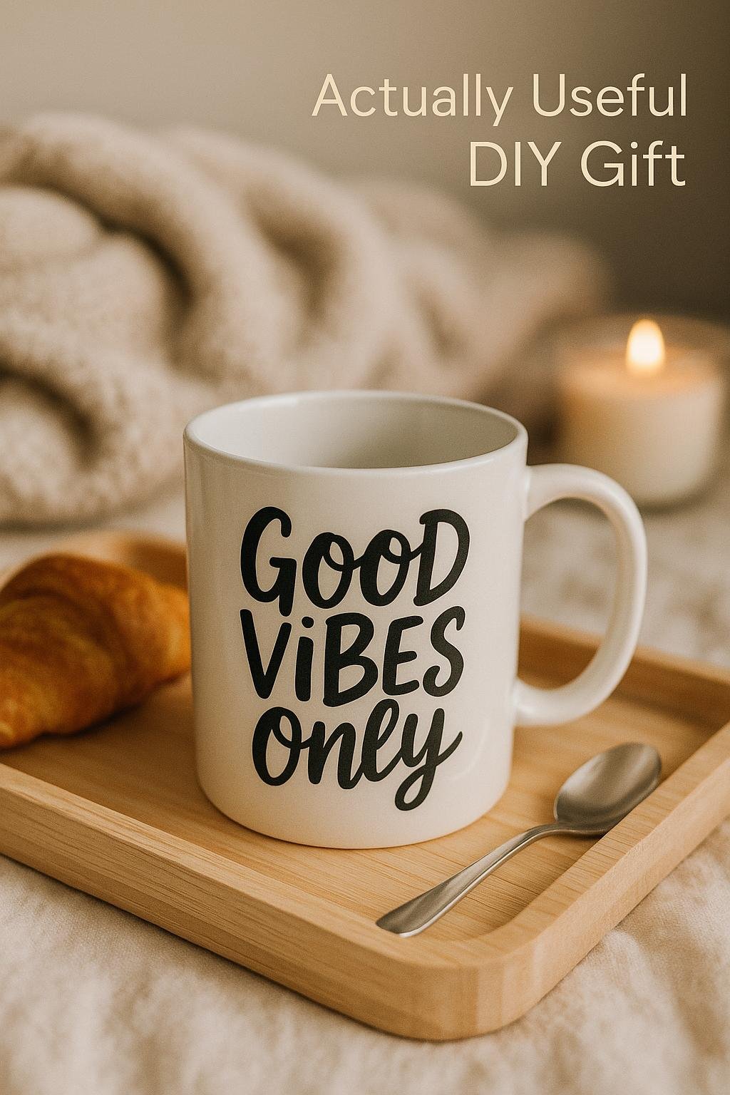 White ceramic mug with a witty hand-drawn quote, sitting on a wooden table in soft morning light.