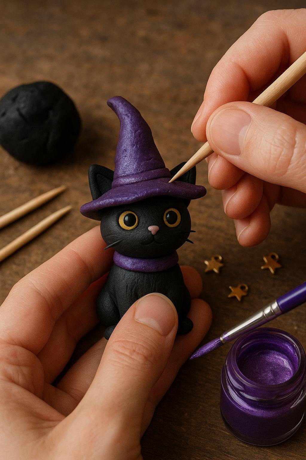 Air-dry clay cat with a tiny pointed witch hat, sitting upright on a craft table surrounded by Halloween accents like mini pumpkins and glitter stars.