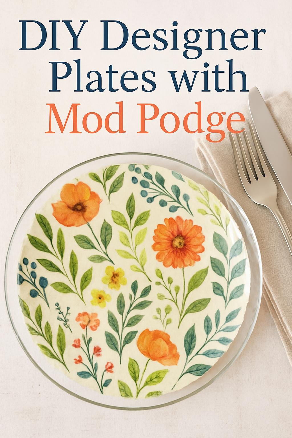 Clear glass plate flipped upside down with floral napkin decoupaged underneath using Mod Podge