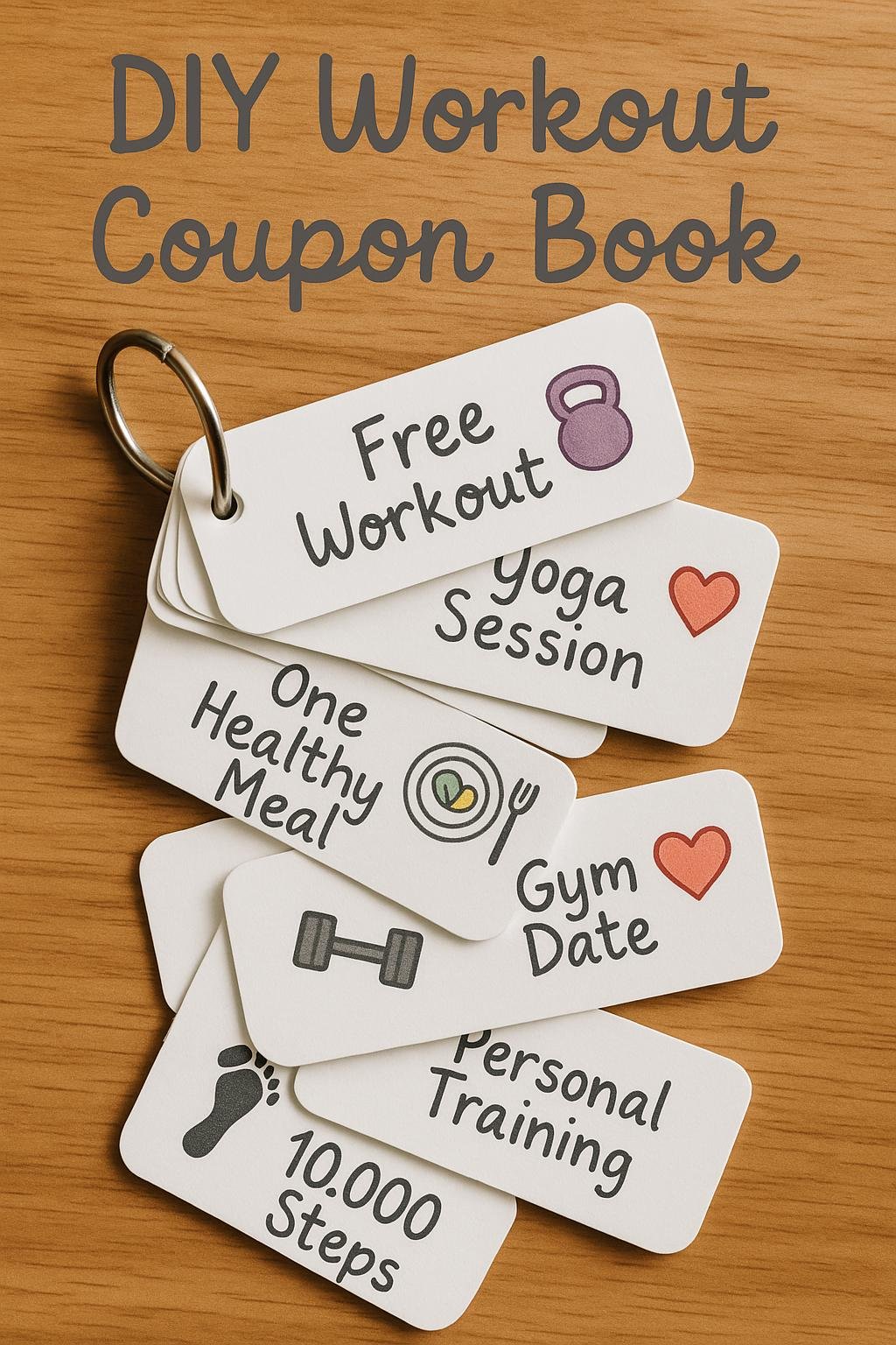 Handmade fitness-themed coupon book with colorful cards labeled with phrases like “I’ll spot you” and “Protein shake on me,” placed on a gym mat.