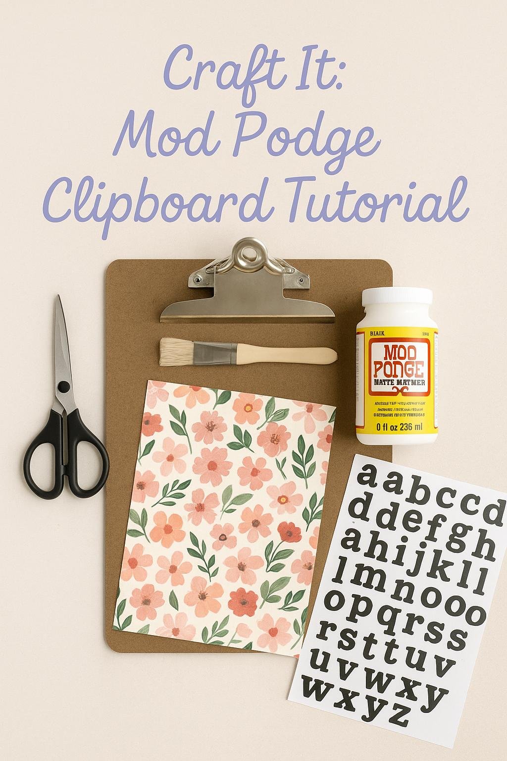 DIY Mod Podge clipboard decorated with floral paper and personalized with name stickers