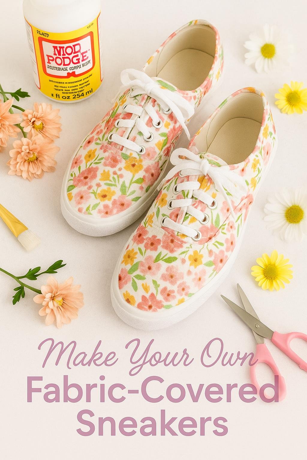 White sneakers decorated with floral fabric patches and sealed using Mod Podge for a fun, handmade style