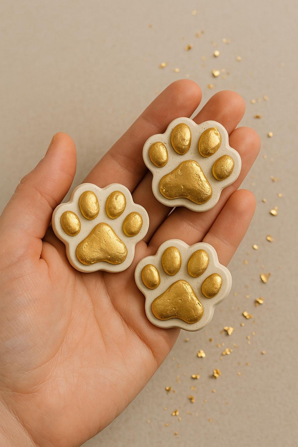 White cat paw magnets with metallic gold edges, arranged elegantly on a neutral background.