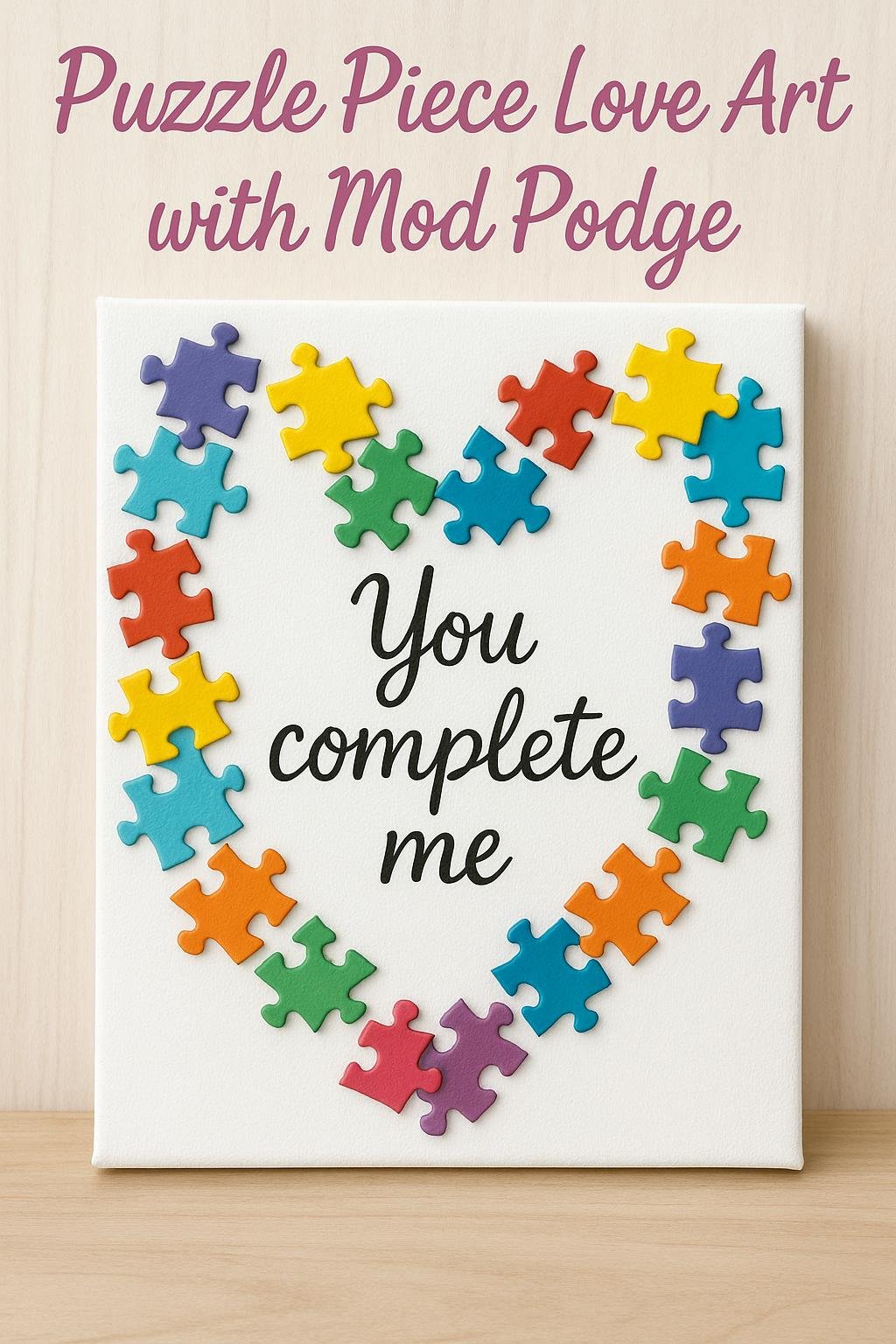 DIY canvas art featuring painted puzzle pieces sealed with Mod Podge and a central love quote
