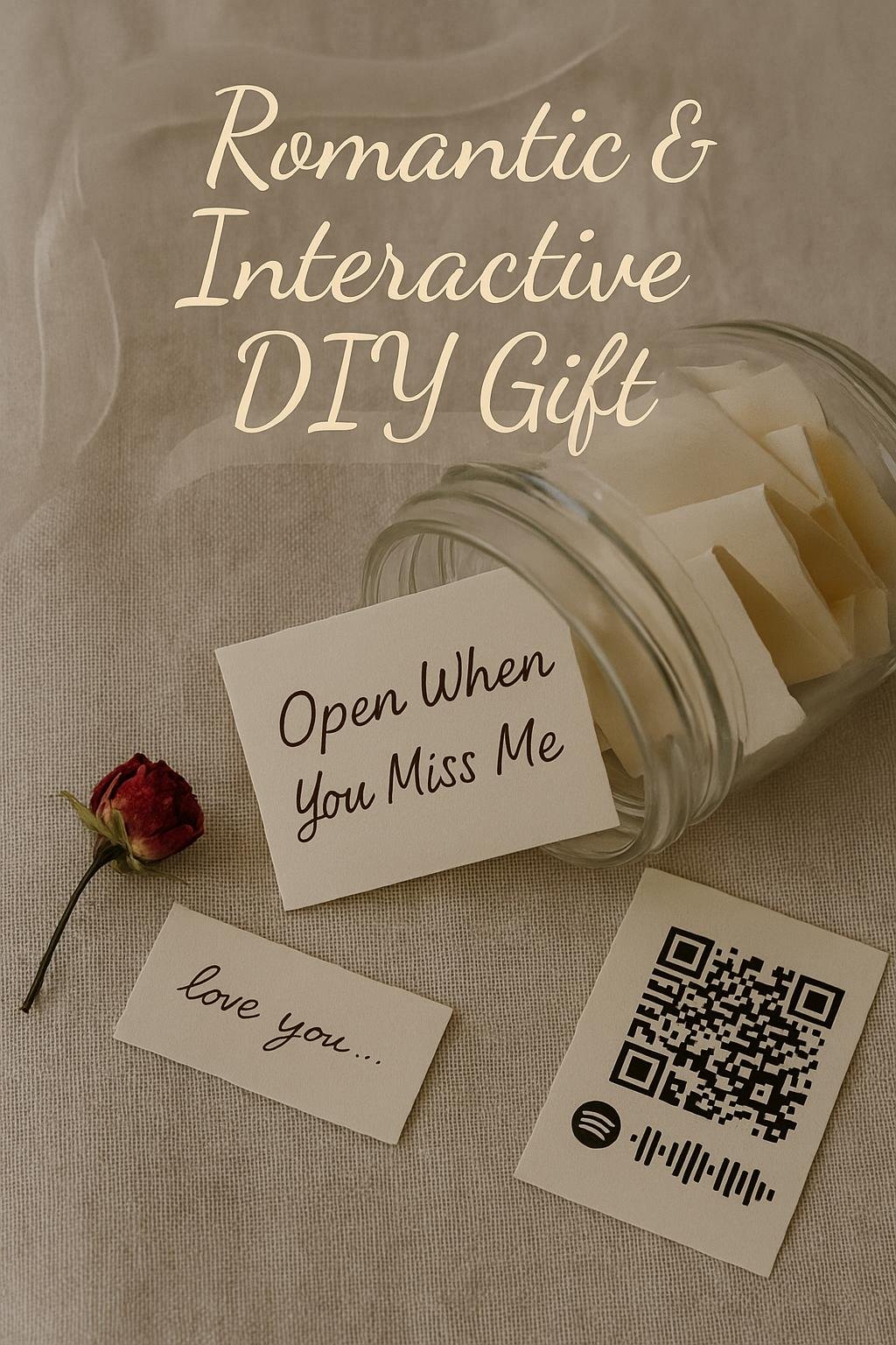 DIY memory jar with colorful folded notes, envelopes, and printed QR codes, styled as a romantic gift for boyfriend.
