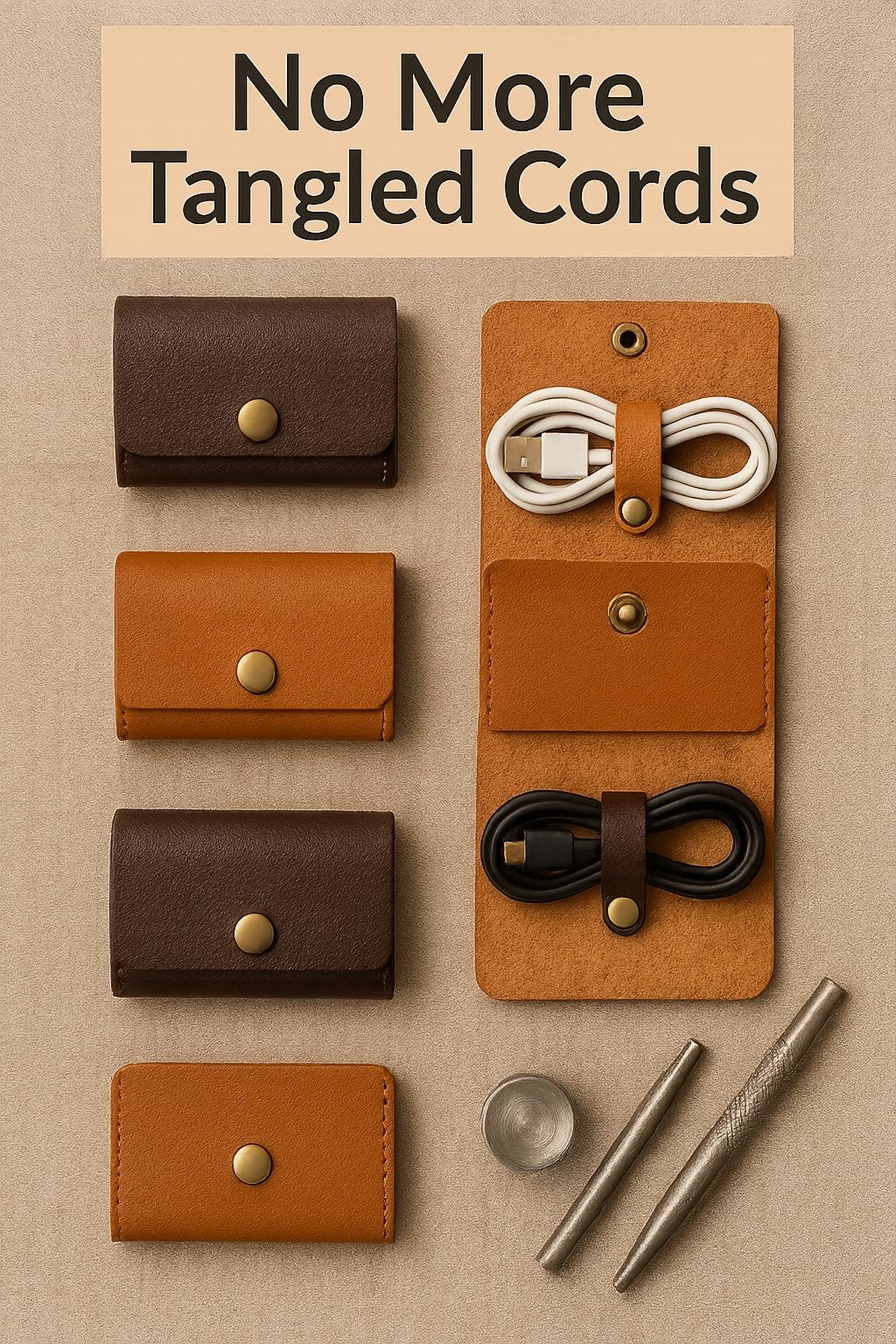 Handmade leather cord organizer with snap button, styled with earbuds and DIY tools on a wooden surface.