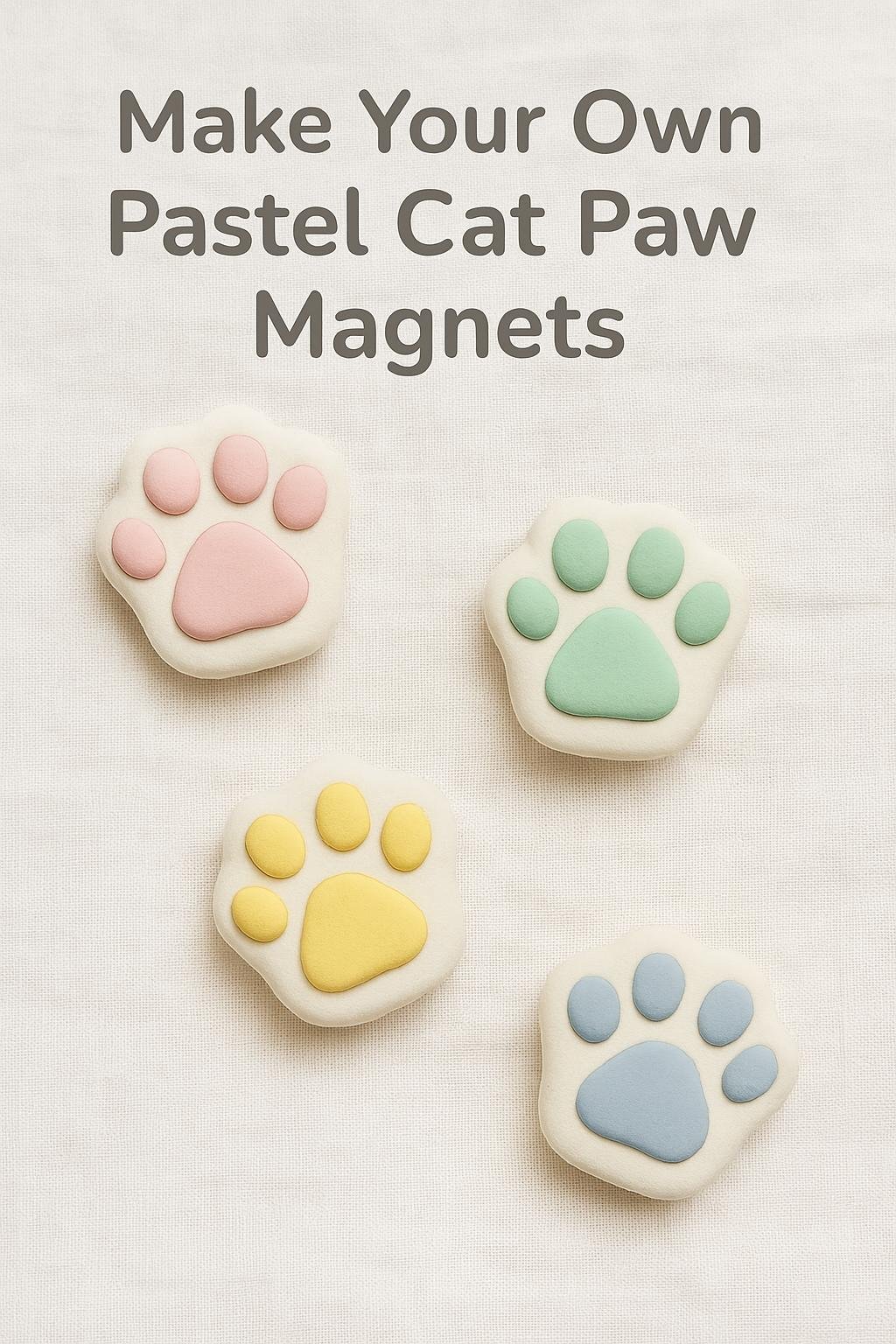 Pastel rainbow cat paw magnets made of air-dry clay with each toe in a different spring color.