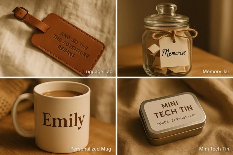 Flat lay of handmade DIY gifts for boyfriend, including a key holder, beard oil, mug, leather cord wrap, and handwritten notes.