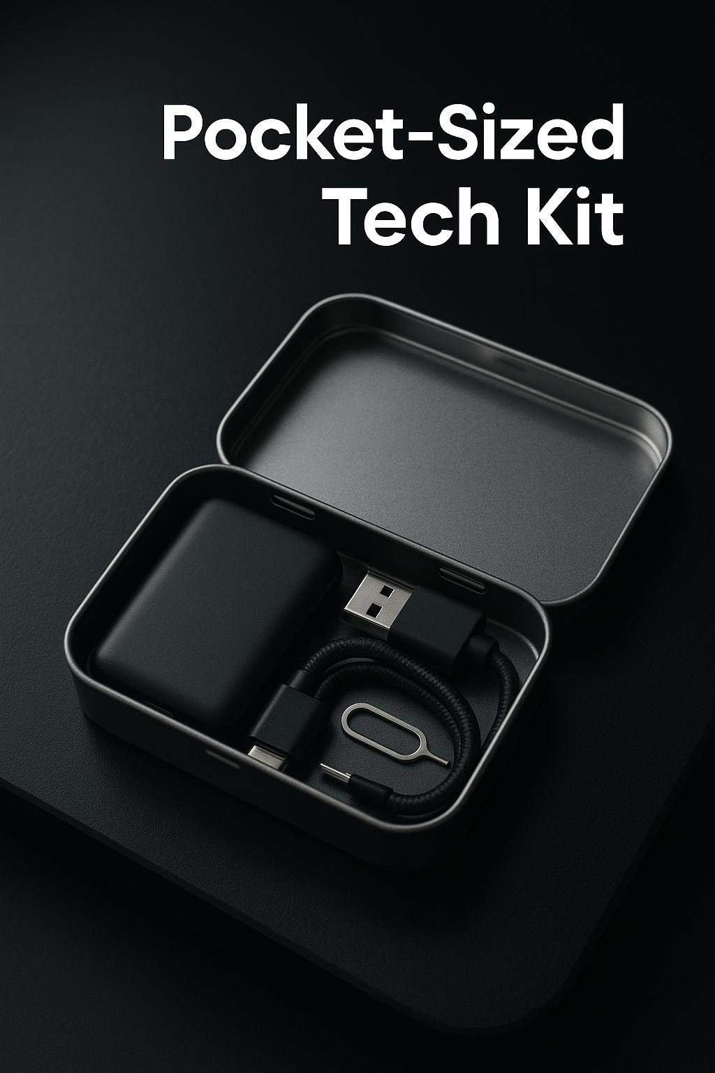 Compact metal tin filled with tech essentials including a backup battery, USB stick, screen wipes, and a SIM ejector pin, styled neatly on a desk