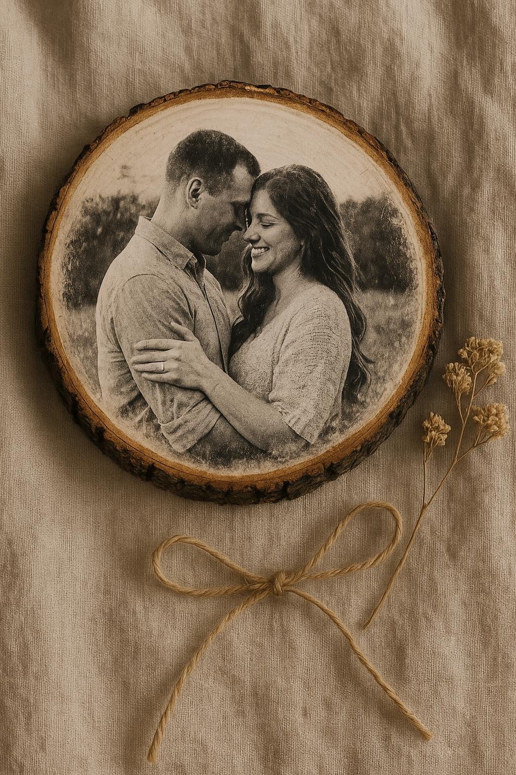 Wooden plaque with a black-and-white family photo transferred using Mod Podge, styled as a rustic handmade gift