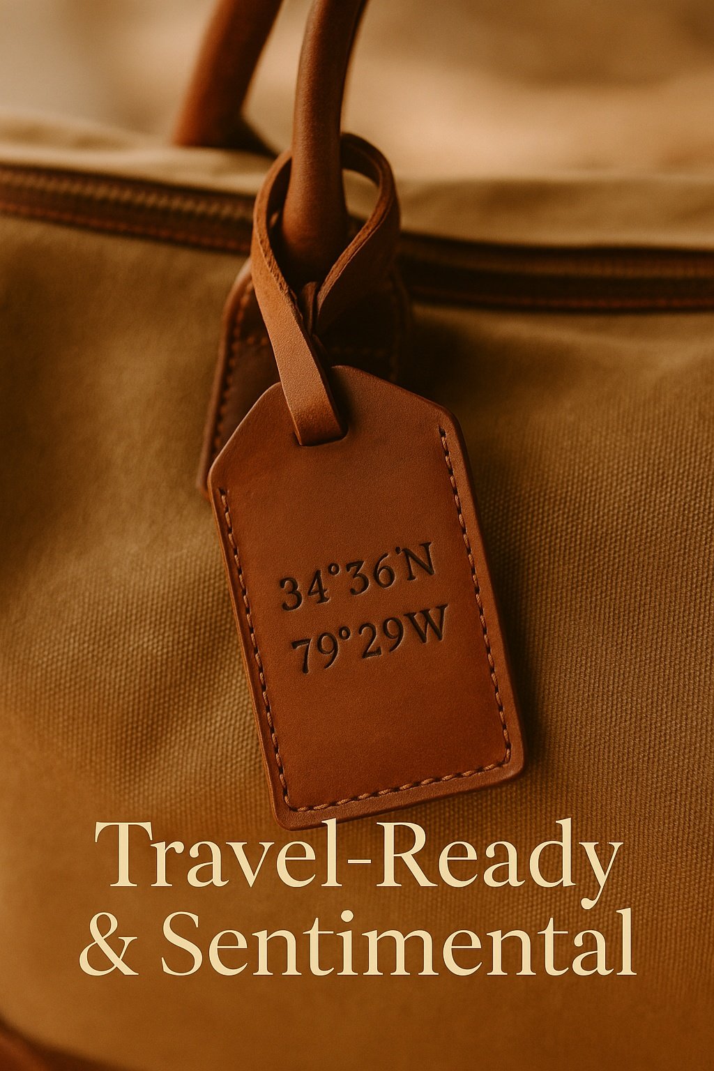Faux leather luggage tag hand-stamped with travel coordinates, attached to a canvas travel bag, captured in soft daylight.