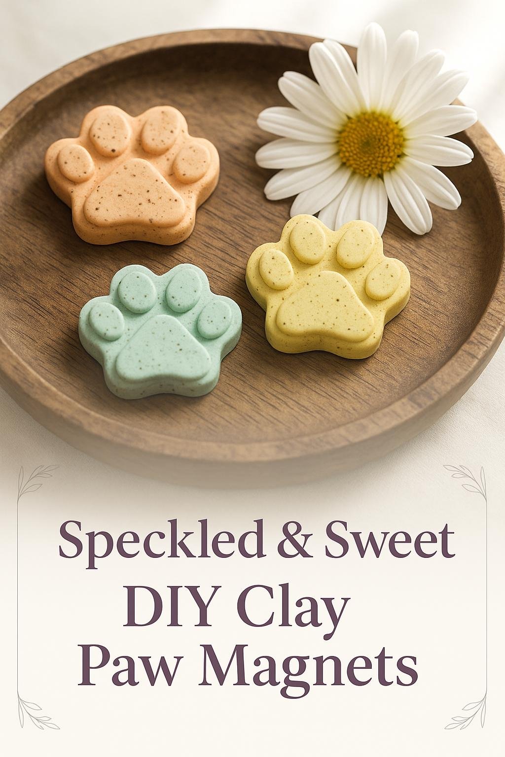 Pale pastel cat paw magnets with multicolored speckles, styled like fresh spring crafts on a white background.