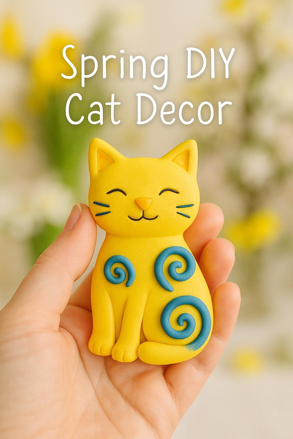 Sleek bright pink polymer clay cat decor with gold accents.