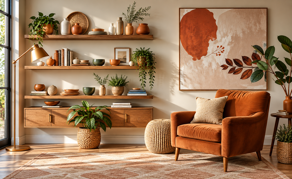 Warm terracotta and oat living room with layered natural textures and earthy color accents