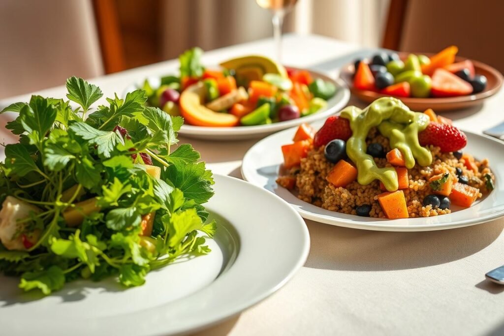 A beautifully lit table setting featuring a selection of healthy, vibrant dishes arranged on a pristine Tiffany plate. In the foreground, a crisp green salad with fresh vegetables and a zesty vinaigrette dressing. In the middle ground, a hearty grain bowl with roasted root vegetables, quinoa, and a drizzle of creamy avocado sauce. In the background, a platter of colorful fruit, perhaps sliced kiwi, strawberries, and blueberries, complementing the overall healthy and elegant presentation. The scene is bathed in warm, natural lighting, highlighting the textures and colors of the carefully curated spread. The overall mood is one of wellness, sophistication, and thoughtful, nourishing cuisine.