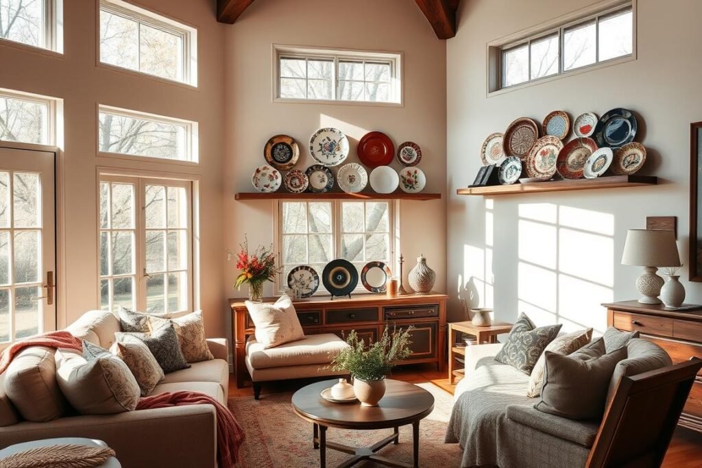A cozy living room with natural light streaming through large windows, showcasing a carefully curated display of vintage plates on floating shelves. The plates are a mix of delicate floral patterns, bold geometric designs, and timeless solid colors, creating a harmonious and visually appealing arrangement. The room is styled with warm, earthy tones, plush textiles, and rustic wooden accents, complementing the vintage aesthetic. The overall atmosphere is one of effortless elegance, inviting the viewer to imagine how these cherished plates could be integrated into their own modern home decor. A cozy living room with natural light streaming through large windows, showcasing a carefully curated display of vintage plates on floating shelves. The plates are a mix of delicate floral patterns, bold geometric designs, and timeless solid colors, creating a harmonious and visually appealing arrangement. The room is styled with warm, earthy tones, plush textiles, and rustic wooden accents, complementing the vintage aesthetic. The overall atmosphere is one of effortless elegance, inviting the viewer to imagine how these cherished plates could be integrated into their own modern home decor.