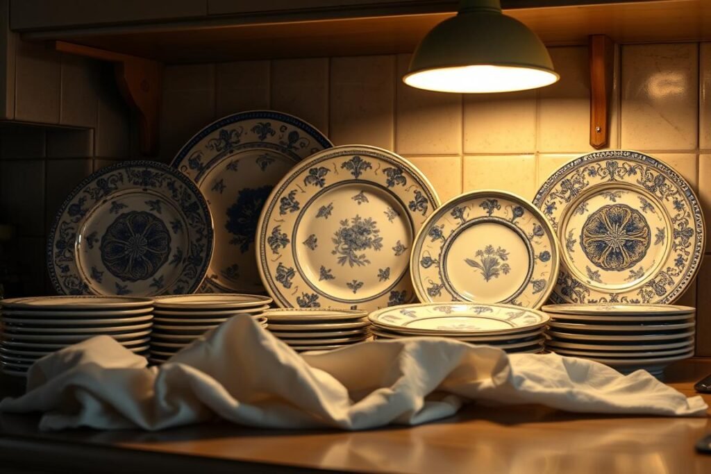 A cozy, well-lit kitchen counter showcases a collection of vintage ceramic plates. The plates are meticulously arranged, their intricate patterns and delicate designs capturing the essence of timeless craftsmanship. Soft, diffused lighting from above casts a warm glow, highlighting the subtle textures and subtle imperfections that add character to each piece. In the foreground, a soft, white cloth is carefully draped, suggesting the gentle care and attention required to maintain these precious heirlooms. The overall scene evokes a sense of reverence and appreciation for the beauty and history embodied in these vintage plates. A cozy, well-lit kitchen counter showcases a collection of vintage ceramic plates. The plates are meticulously arranged, their intricate patterns and delicate designs capturing the essence of timeless craftsmanship. Soft, diffused lighting from above casts a warm glow, highlighting the subtle textures and subtle imperfections that add character to each piece. In the foreground, a soft, white cloth is carefully draped, suggesting the gentle care and attention required to maintain these precious heirlooms. The overall scene evokes a sense of reverence and appreciation for the beauty and history embodied in these vintage plates.