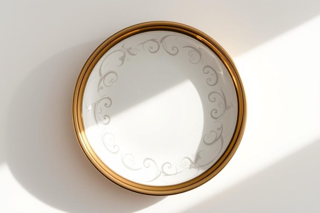 A delicate Tiffany plate design graces the center, its intricate pattern of swirling lines and delicate flourishes etched in silver against a pristine white background. The elegant silhouette is framed by a gleaming border of polished brass, its warm hue accentuating the refined aesthetic. Soft, diffused lighting casts a gentle glow, highlighting the meticulous craftsmanship and the plate's timeless beauty. The composition is captured from a slightly elevated angle, allowing the viewer to appreciate the exquisite details and the plate's captivating symmetry. This image embodies the essence of Tiffany's enduring design philosophy - a harmonious blend of classic elegance and modern sophistication.