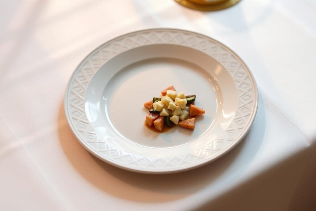 A finely crafted Tiffany plate rests on a crisp white tablecloth, its elegant silhouette casting a soft shadow. The porcelain surface gleams under warm, diffused lighting, reflecting the gentle curves and intricate patterns that define Tiffany's timeless design. In the center, a perfectly portioned serving of a delicious, healthy meal occupies a modest section of the plate, its colors and textures in harmonious balance. The composition exudes a sense of refined restraint, a visual metaphor for the plate's role in supporting mindful, portion-controlled eating. The overall mood is one of tranquil sophistication, inviting the viewer to savor the beauty and functionality of this Tiffany treasure.