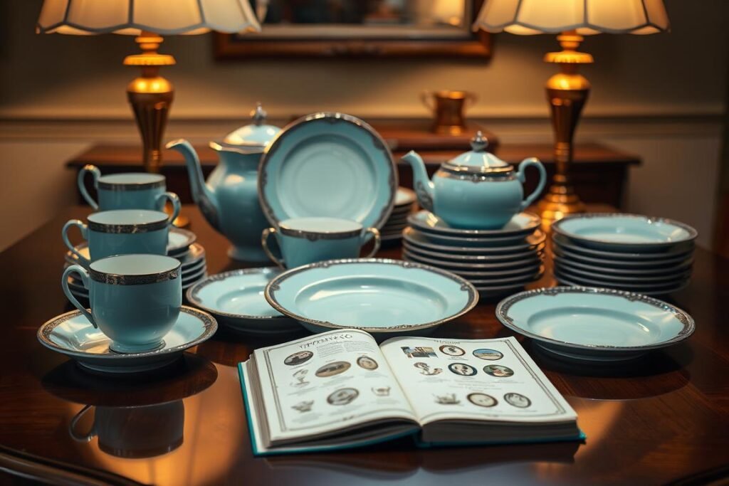 A meticulously crafted Tiffany & Co. dinnerware set rests atop a polished mahogany table, its elegant curves and intricate details catching the soft light from a pair of antique brass lamps. The china's lustrous glaze reflects the warm glow, hinting at the investment-grade quality and timeless allure of this iconic brand. In the middle ground, a well-thumbed catalog showcases the varied patterns and styles, suggesting the breadth of Tiffany's offerings and the collector's potential to curate a truly remarkable collection. The background fades into a shadowy, sophisticated ambiance, emphasizing the sense of refined luxury and the dinnerware's status as a cherished heirloom worthy of preservation.