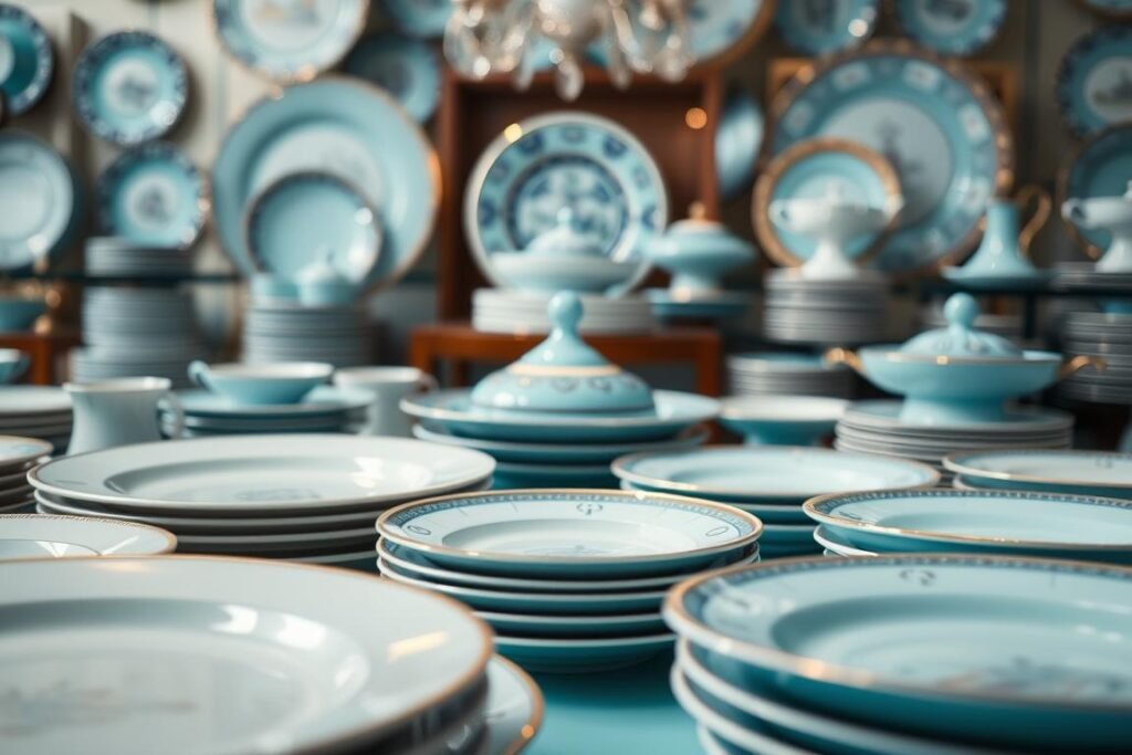 A meticulously crafted display of Tiffany & Co. dinnerware through the ages, showcasing the evolution of their timeless elegance. In the foreground, an artful arrangement of classic Tiffany plates, their porcelain surfaces gleaming under soft, directional lighting. The middle ground features a selection of vintage Tiffany serving dishes and platters, each bearing the signature Tiffany blue hue and elegant, intricate designs. In the background, a subtly blurred timeline of Tiffany's dinnerware history, from their earliest patterns to the modern interpretations, all captured in a high-resolution, cinematic perspective that captures the essence of the brand's enduring sophistication.