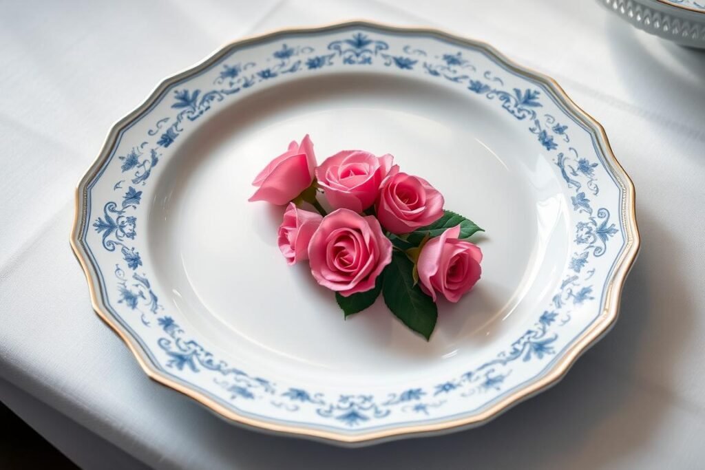 A pristine Tiffany & Co. porcelain dinner plate, its surface gleaming under soft, indirect lighting. The elegant, scalloped rim is adorned with a delicate, hand-painted border of intricate floral motifs in a timeless blue-and-white palette. The plate's center showcases a stunning, photorealistic image of a vibrant bouquet of freshly cut roses, their velvety petals rendered with meticulous detail. The composition is balanced, the lighting natural and diffused, capturing the refined, sophisticated atmosphere of a high-end dining setting. The overall effect is one of refined luxury, a timeless classic that commands attention and exudes an air of effortless elegance.
