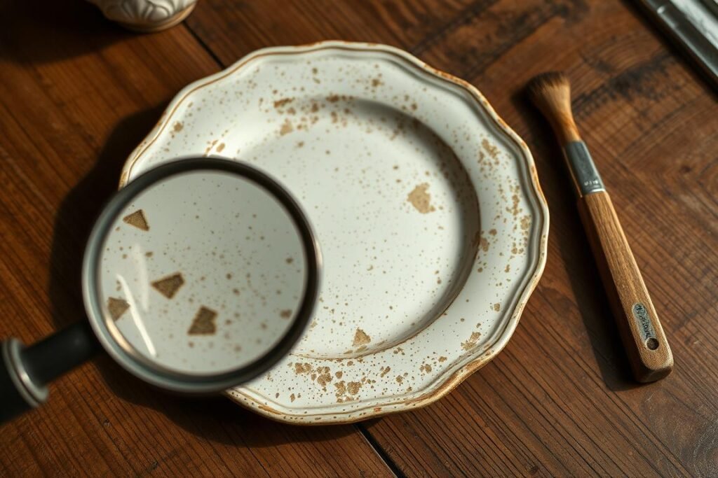 A vintage plate resting on a wooden table, its surface pitted and discolored, showcasing the effects of time. In the foreground, a magnifying glass reveals the intricate details, highlighting the imperfections that give the plate its unique character. In the middle ground, a set of restoration tools - brushes, solvents, and a delicate touch - stand ready to breathe new life into the aged ceramic. The soft, natural lighting casts a warm, nostalgic glow, setting the stage for the preservation of this historic treasure, a testament to the enduring beauty of the past. A vintage plate resting on a wooden table, its surface pitted and discolored, showcasing the effects of time. In the foreground, a magnifying glass reveals the intricate details, highlighting the imperfections that give the plate its unique character. In the middle ground, a set of restoration tools - brushes, solvents, and a delicate touch - stand ready to breathe new life into the aged ceramic. The soft, natural lighting casts a warm, nostalgic glow, setting the stage for the preservation of this historic treasure, a testament to the enduring beauty of the past.