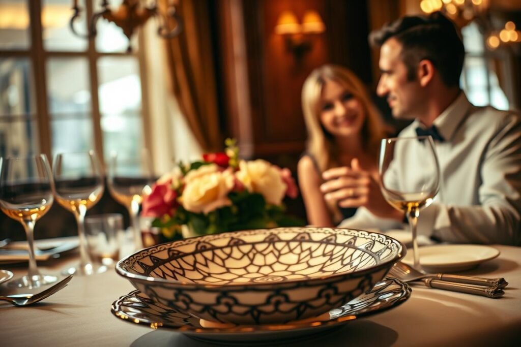A warm and inviting fine dining scene, bathed in soft, golden lighting. A Tiffany-inspired porcelain plate takes center stage, its intricate pattern and elegant design reflecting the refined ambiance. Two diners, engaged in intimate conversation, their expressions conveying a profound emotional connection as they savor the culinary experience. The table is adorned with delicate glassware, polished silverware, and a centerpiece of fresh flowers, creating a timeless, sophisticated atmosphere. The background features subtle, blurred details of a fine dining establishment, hinting at the overall luxurious setting. This image captures the essence of a truly memorable, emotionally resonant fine dining experience.