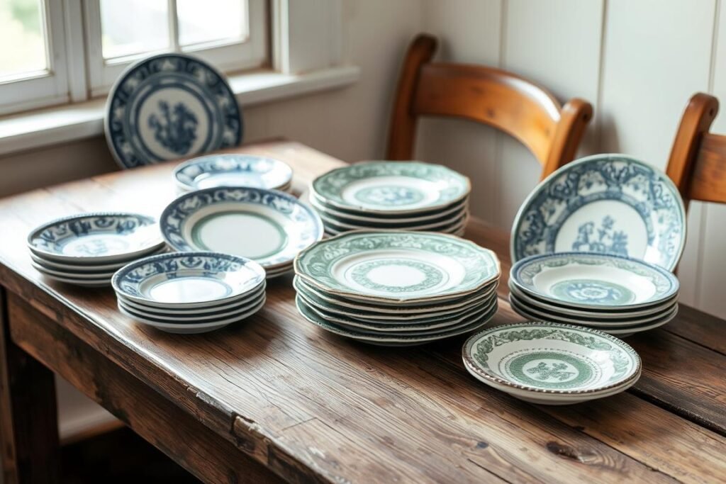 A weathered wooden table showcases a collection of vintage ceramic plates in varying hues of blue, green, and white. The plates are arranged in a visually appealing manner, highlighting their intricate patterns and timeless designs. Soft, natural lighting filters through a nearby window, casting a warm, nostalgic glow on the scene. The plates are pristine, suggesting they have been carefully preserved and cherished over the years. The overall atmosphere evokes a sense of tranquility and appreciation for the enduring beauty of these vintage treasures. A weathered wooden table showcases a collection of vintage ceramic plates in varying hues of blue, green, and white. The plates are arranged in a visually appealing manner, highlighting their intricate patterns and timeless designs. Soft, natural lighting filters through a nearby window, casting a warm, nostalgic glow on the scene. The plates are pristine, suggesting they have been carefully preserved and cherished over the years. The overall atmosphere evokes a sense of tranquility and appreciation for the enduring beauty of these vintage treasures.