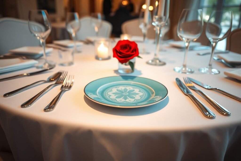 An elegant dining table setting with a crisp white tablecloth, a stunning Tiffany blue china plate at the center, and a single vibrant red rose in a crystal vase. Gleaming silver cutlery, delicate stemware, and softly flickering candlelight create a warm, inviting atmosphere. The lighting is soft and diffused, with a subtle spotlight highlighting the plate's intricate design. The perspective is slightly elevated, capturing the table's graceful lines and the carefully curated placement of each element. An air of timeless sophistication pervades the scene, evoking a sense of refined and elevated dining experience.